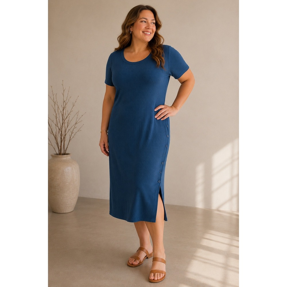 NEW Bordeaux Ribbed Knit Midi‎ Dress Blue Button Side Slit Size Large